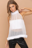 32111T - Fur Halter Neck Tie Tank Top: WHITE / MEDIUM