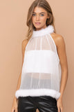 32111T - Fur Halter Neck Tie Tank Top: WHITE / SMALL